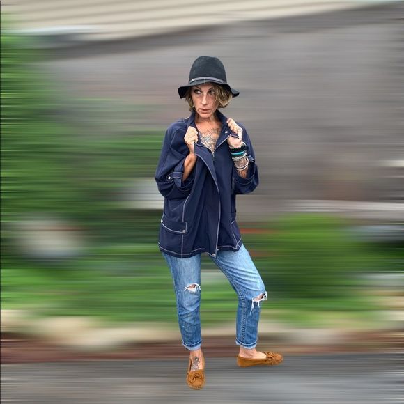 Navy blue & white chain stitch sailor style oversized crop sleeve summer jacket - Picture 6 of 12